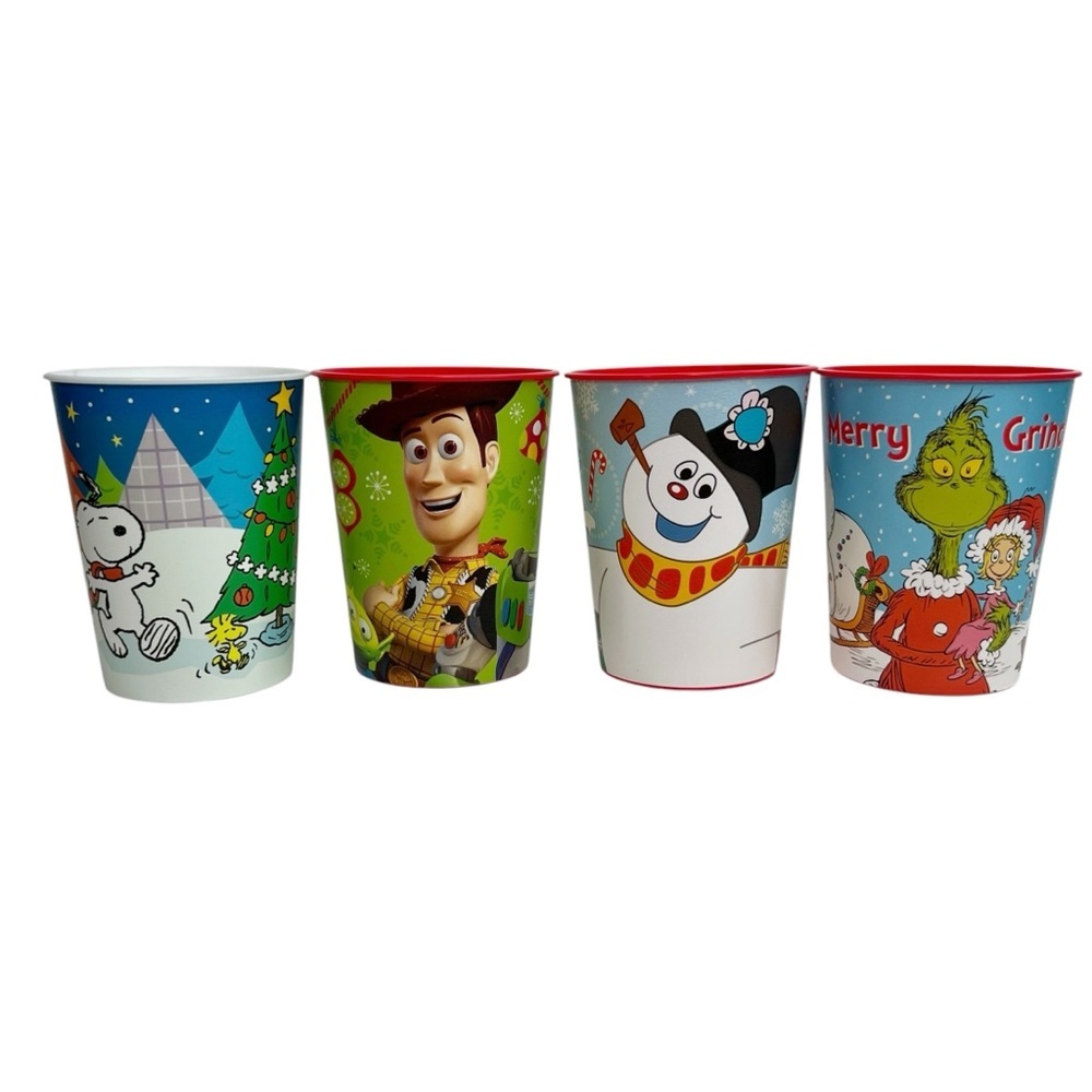 Lot of 4 Technimark Christmas Plastic Cups: Toy Story, Grinch, Peanuts, Frosty